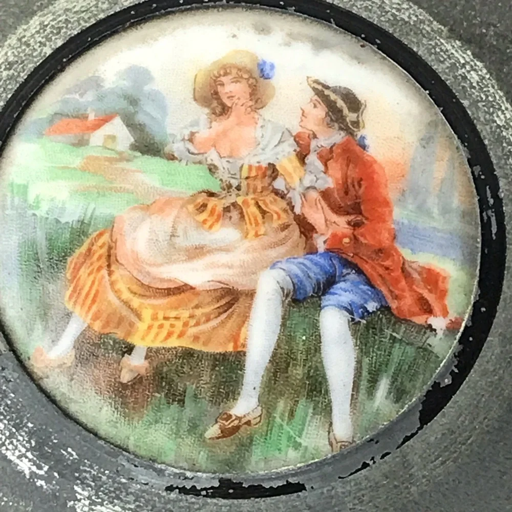 Vintage Metallic Powder Puff Music Box - Vanity Round Drum Box - Switzerland